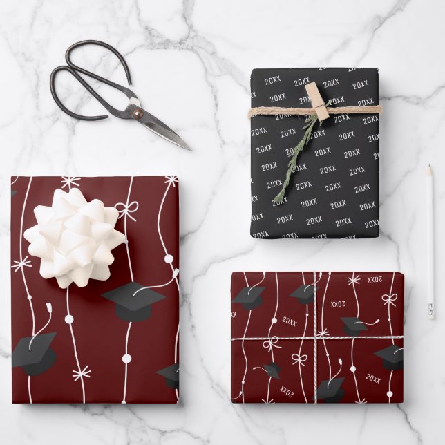 Maroon & Black Graduation Cap Toss Wrapping Paper (Front)