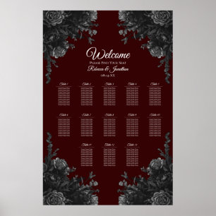 Maroon Black Grey Rose Gothic Wedding Seating Poster