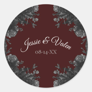 Maroon Black Grey Roses Gothic Wedding Classic Round Sticker