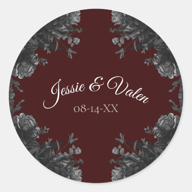 Maroon Black Grey Roses Gothic Wedding Classic Round Sticker (Front)