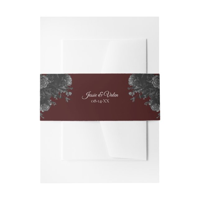 Maroon Black Grey Roses Gothic Wedding Invitation Belly Band (Front Example)