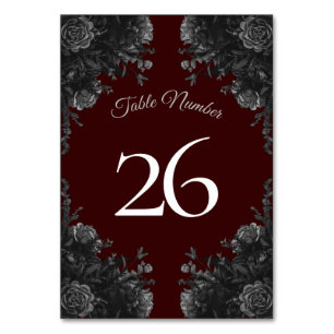 Maroon Black Grey Roses Gothic Wedding Table Number