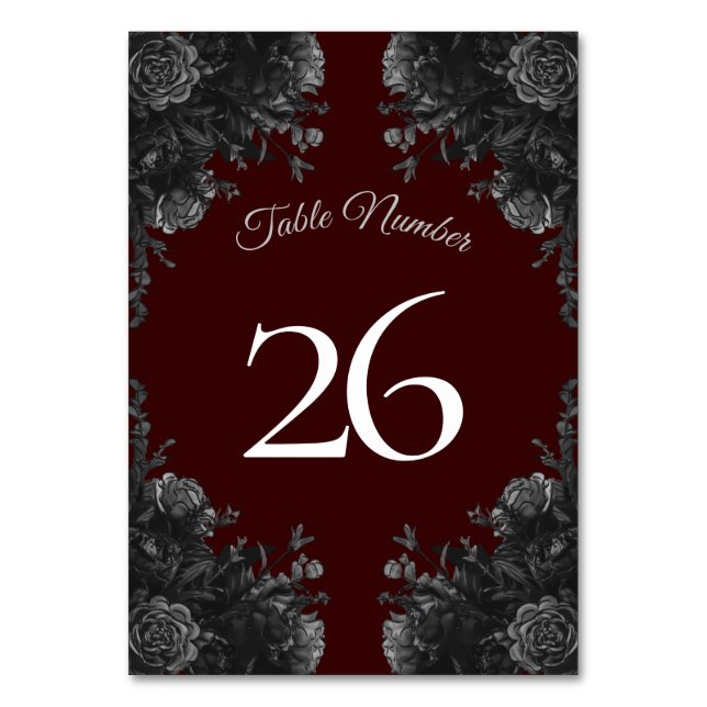 Maroon Black Grey Roses Gothic Wedding Table Number (Back)