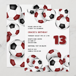 maroon black soccer balls kids birthday invitation