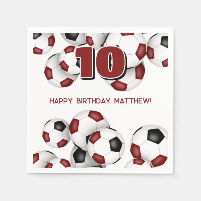 maroon black soccer balls kids birthday party napkin (Front)