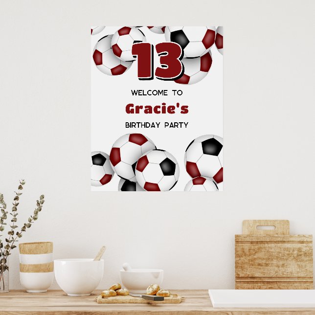 maroon black soccer balls kids birthday party poster (Kitchen)