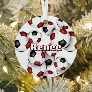 maroon black soccer balls sports keepsake metal tree decoration