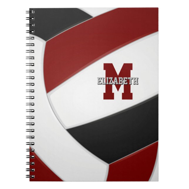 maroon black team colours girls boys volleyball notebook (Front)