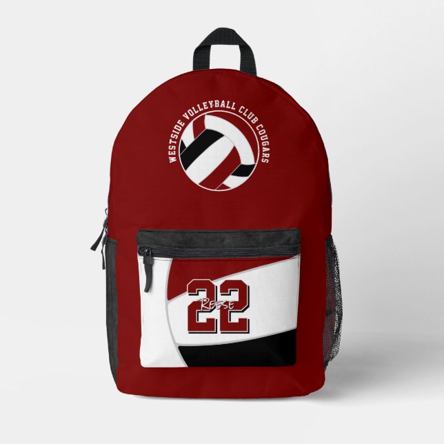 maroon black volleyball team colours team name printed backpack (Front)
