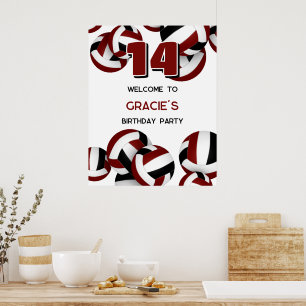 maroon black volleyballs birthday party welcome poster