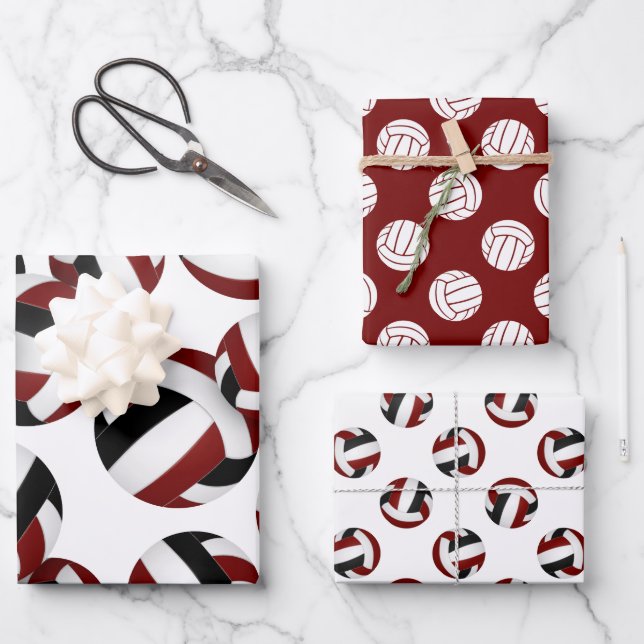 maroon black volleyballs set of 3 coordinating wrapping paper sheet (Front)