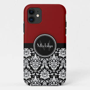Maroon Black White Damask Monogram Letter iPhone 11 Case