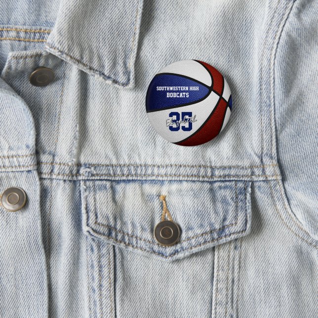 Maroon blue athletic team colours basketball 6 cm round badge (In Situ)