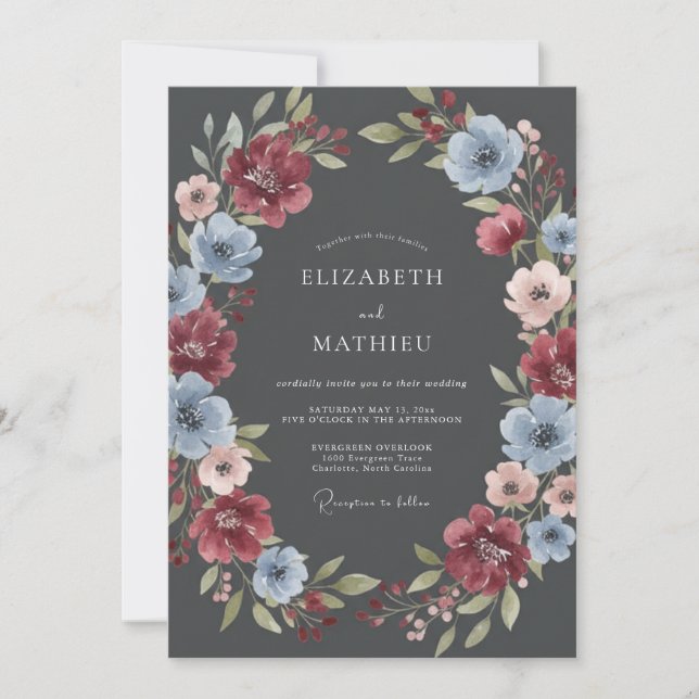 Maroon Blue Floral Classic Wedding Invitation (Front)