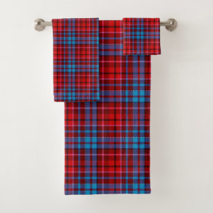 Maroon Blue Red Plaid Tartan Design Bath Towel Set