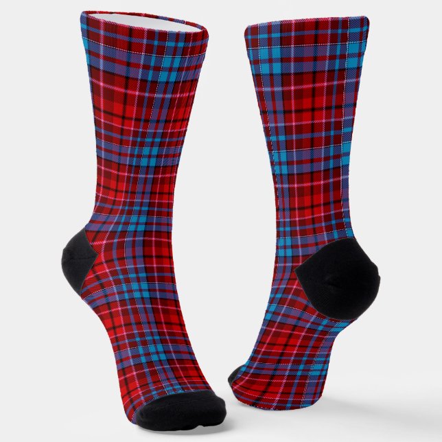 Maroon Blue Red Plaid Tartan Design  Socks (Angled)