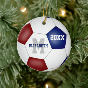 Maroon blue team colours keepsake soccer ceramic tree decoration