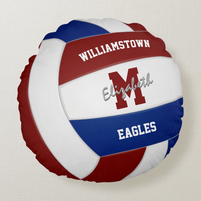 Maroon blue team colours kids volleyball round cushion (Front)