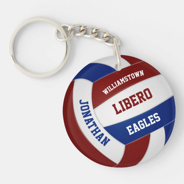 Maroon blue team colours personalised volleyball key ring (Front)