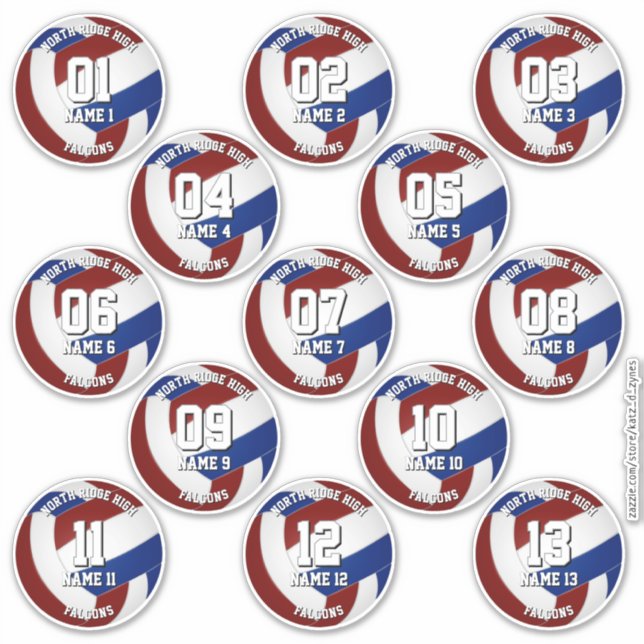 maroon blue volleyball stickers for 13 athletes (Front)