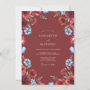 Maroon Blue Watercolor Floral Wedding Invitation