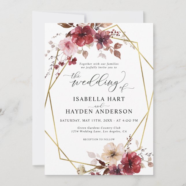 Maroon Blush Beige Floral Gold Frame Wedding Invitation (Front)