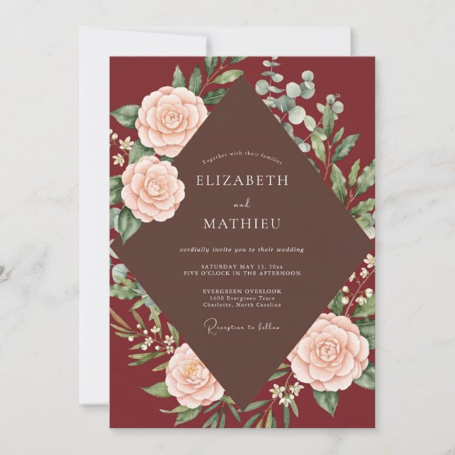 Maroon Blush Bloom Wedding Invitation (Front)
