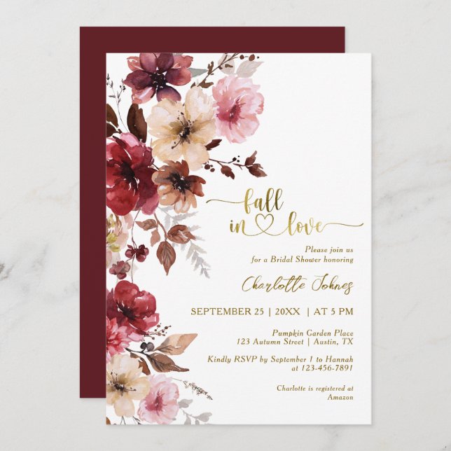 Maroon Blush Fall In Love Gold Boho Bridal Shower Invitation (Front/Back)