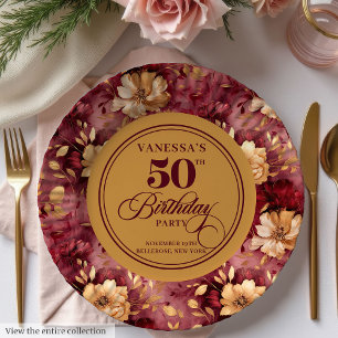 Maroon blush gold roses 50th birthday paper plates