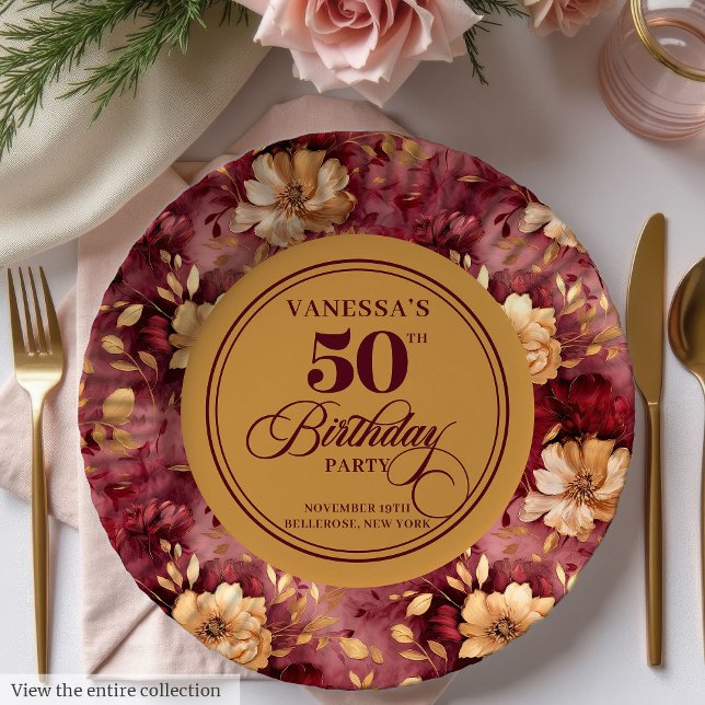 Maroon blush gold roses 50th birthday paper plates (Maroon blush gold roses 50th birthday paper plates

)