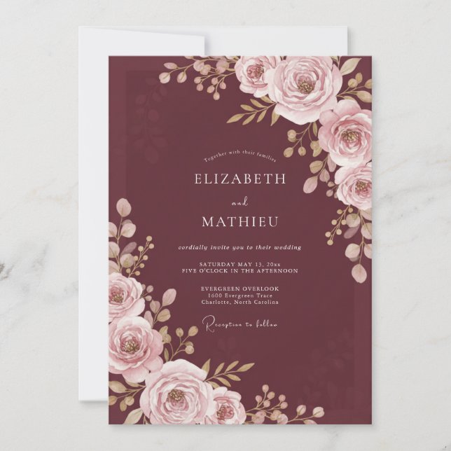 Maroon Blush Petal Wedding Invitation (Front)