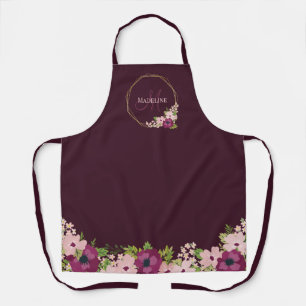 Maroon Blush Pink Floral Geometric Monogram Apron