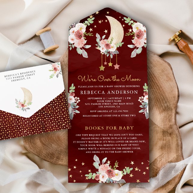 Maroon Boho Burgundy Floral Stars Moon Baby Shower All In One Invitation (Creator Uploaded)