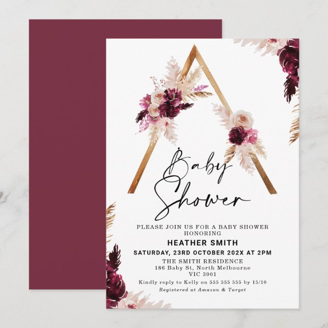 Maroon Boho Pampas Grass Baby Shower Invitation (Front/Back)