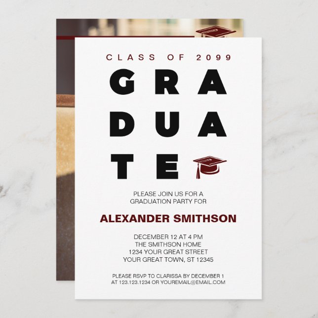 Maroon Bold GRADUATE Letters and Cap Graduation Invitation (Front/Back)
