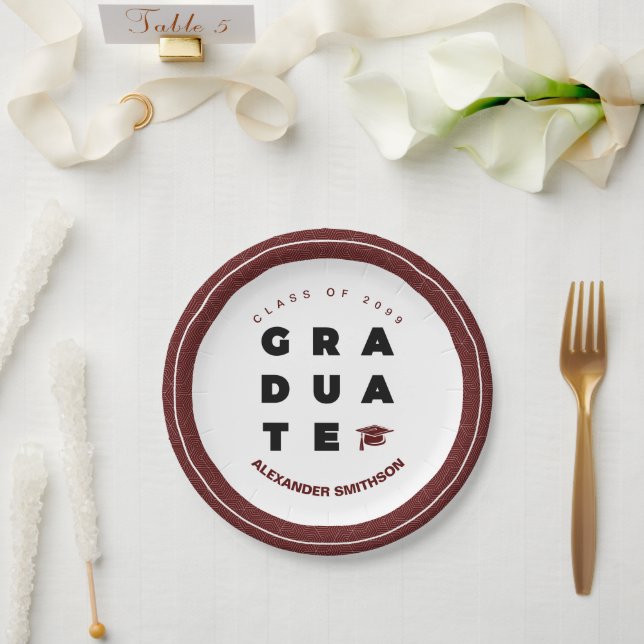 Maroon Bold GRADUATE Letters and Cap Graduation Paper Plate (Wedding)
