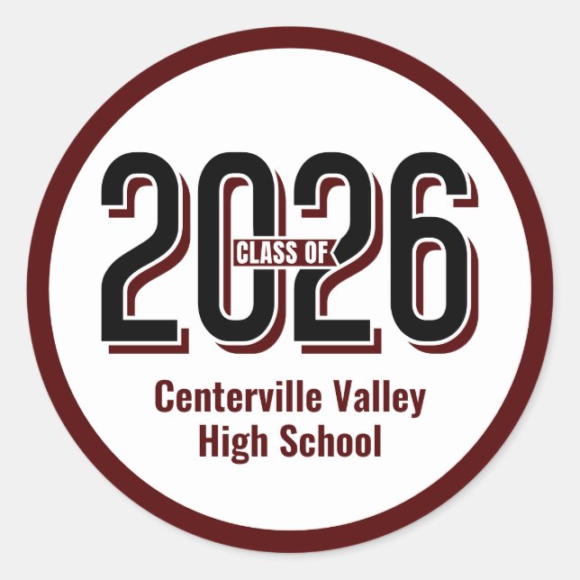 Maroon Bold Shadowed Numbers Class of 2026 Classic Round Sticker (Front)