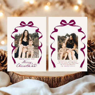 Maroon Bow Photo Merry Christmas Arch Holiday Card