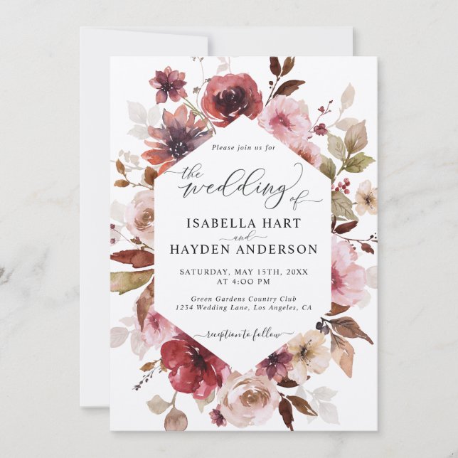 Maroon Brown Blush Pink All In 1 QR Code Wedding Invitation (Front)