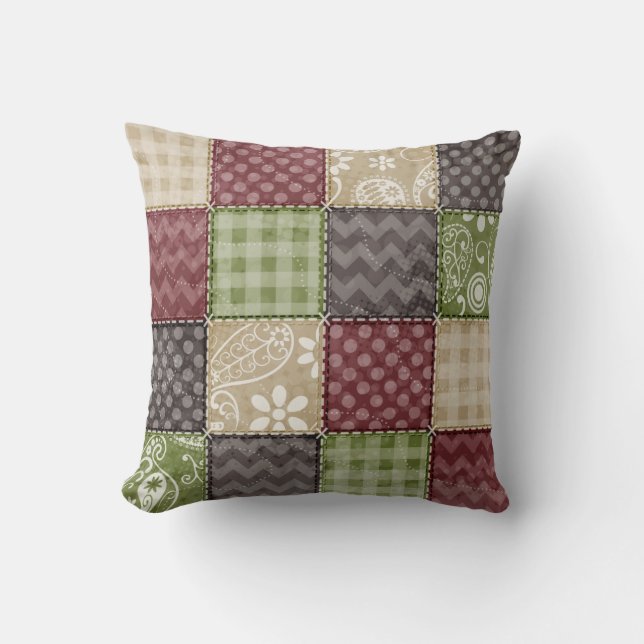 Maroon, Brown, Tan, & Green Quilt Look Cushion (Front)