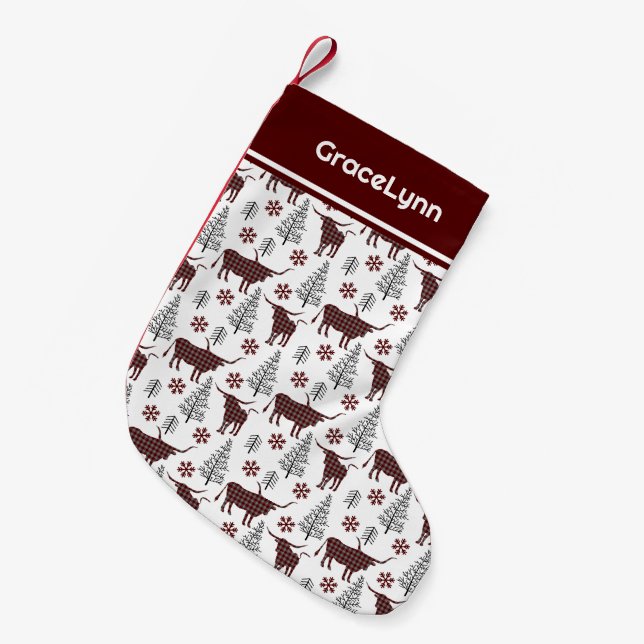 Maroon Buffalo Plaid Longhorn Pattern Small Christmas Stocking (Front (Hanging))
