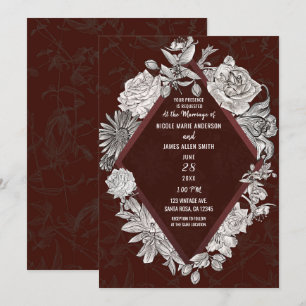 Maroon Burgundy Diamond Vintage Flowers Wedding Invitation