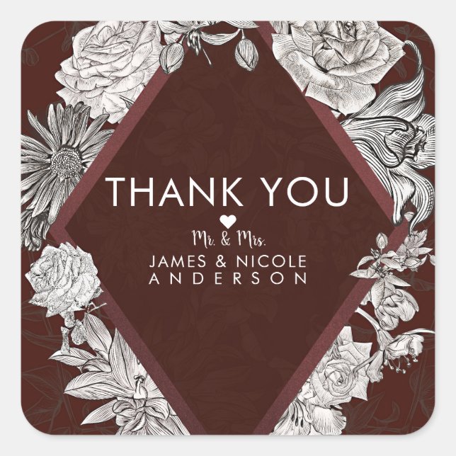 Maroon Burgundy Diamond Vintage Flowers Wedding Square Sticker (Front)