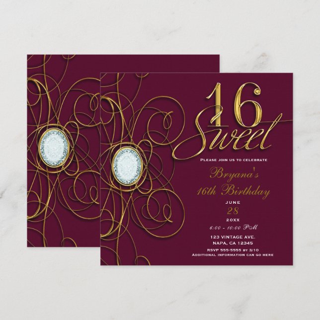 Maroon Burgundy Gold Diamond Sweet 16 Birthday Invitation (Front/Back)