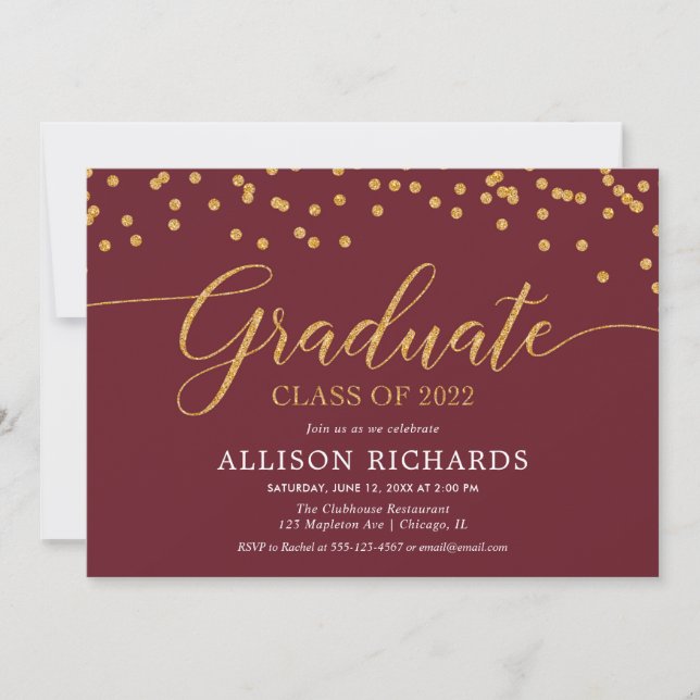 Maroon burgundy gold elegant 2022 graduation invitation (Front)