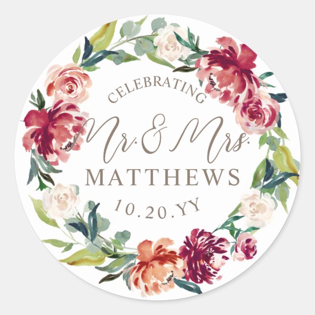 Maroon Burgundy Green Floral Wedding Shower Classic Round Sticker (Front)