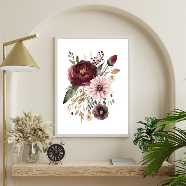 Maroon Burgundy Pink Watercolor Floral Botanical Poster (Burgundy Maroon Blush Pink Watercolor Floral Botanical Poster)