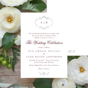 maroon burgundy silver classic monogram wedding invitation