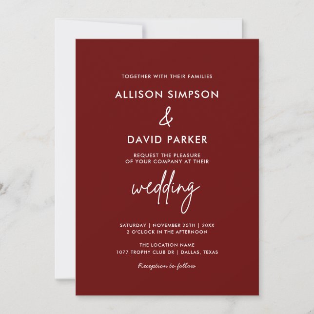 Maroon Burgundy Simple Modern Wedding Invitation (Front)
