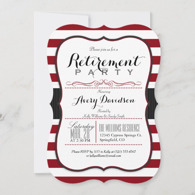 Maroon, Burgundy & White; Elegant Retirement Party Invitation (Front)